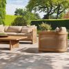 Bộ sofa sân vườn 4 món gỗ teak, nệm be, phong cách hiện đại ngoài trời