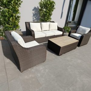 Bộ sofa sân vườn giả mây 4 món, nệm kem, phù hợp ban công và sân vườn