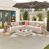 Bộ sofa sân vườn nhôm sơn tĩnh điện màu trắng, nệm kem, bàn trà kính, phong cách hiện đại ngoài trời