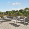 Bộ sofa sân vườn khung nhôm sơn tĩnh điện màu trắng, nệm ghi sáng, bàn trà ngoài trời hiện đại