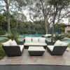 Bộ sofa sân vườn khung nhôm đan dây rope hiện đại, nệm trắng, đặt ngoài trời cạnh hồ bơi sang trọng