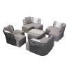 Bộ sofa sân vườn 5 món hiện đại khung nhôm đan dây rope màu xám, có nệm và gối tựa