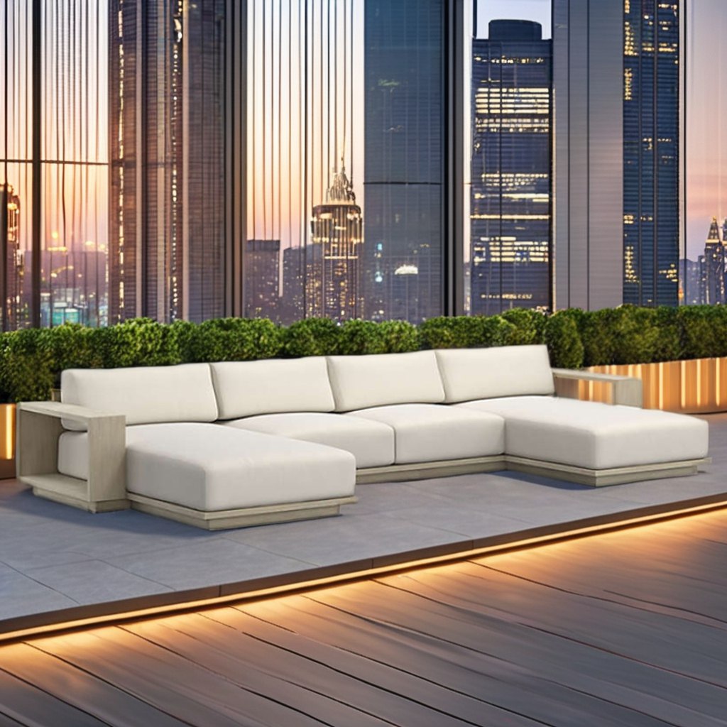 Sofa góc L ngoài trời khung gỗ teak, nệm trắng kem, phong cách hiện đại sang trọng