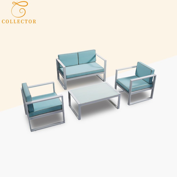 Bộ sofa sân vườn 4 món khung nhôm, nệm xanh ngọc hiện đại