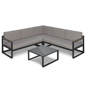 Bộ sofa sân vườn góc L khung nhôm, nệm ghi xám hiện đại
