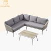 Bộ sofa sân vườn góc L hiện đại, khung nhôm, đan giả mây, nệm ghi xám, bàn trà mặt vân gỗ