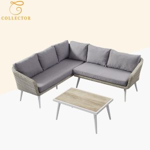Bộ sofa sân vườn góc L hiện đại, khung nhôm, đan giả mây, nệm ghi xám, bàn trà mặt vân gỗ