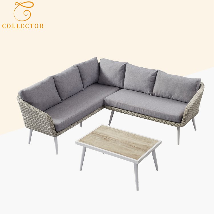 Bộ sofa sân vườn góc L hiện đại, khung nhôm, đan giả mây, nệm ghi xám, bàn trà mặt vân gỗ