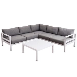 Bộ sofa sân vườn góc L khung nhôm trắng, nệm ghi xám hiện đại