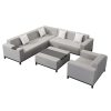 Bộ sofa sân vườn góc L hiện đại, khung nhôm, nệm ghi sáng, 5 món