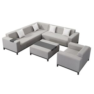 Bộ sofa sân vườn góc L hiện đại, khung nhôm, nệm ghi sáng, 5 món