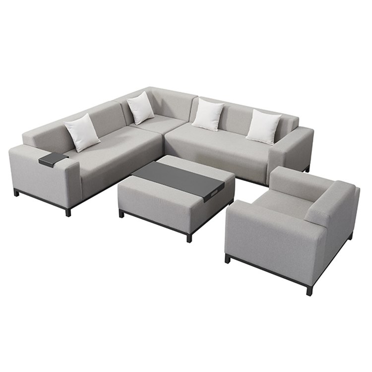 Bộ sofa sân vườn góc L hiện đại, khung nhôm, nệm ghi sáng, 5 món