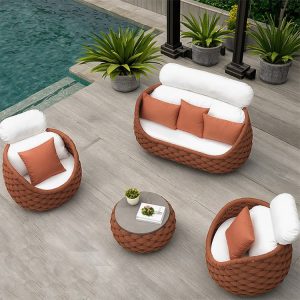 Bộ sofa sân vườn dây đan hiện đại đặt cạnh hồ bơi, gồm 1 sofa đôi, 2 ghế đơn, 1 bàn trà mặt đá