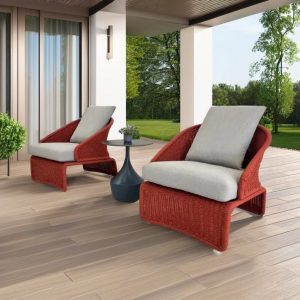Bộ ghế sofa ngoài trời 2 ghế đơn dây rope màu đỏ, nệm ghi, bàn trà nhỏ hiện đại trên ban công