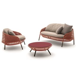 Bộ sofa sân vườn 4 món khung nhôm đan dây nhựa giả mây màu nâu đỏ, nệm ghi hiện đại