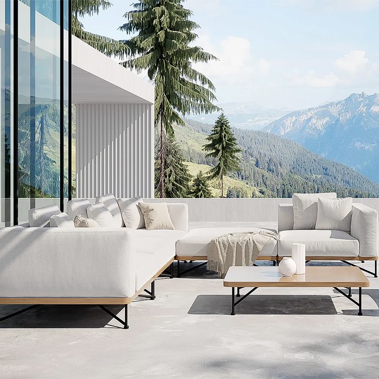 Bộ sofa sân vườn góc L hiện đại màu trắng kem, đặt ngoài trời với view núi tuyệt đẹp
