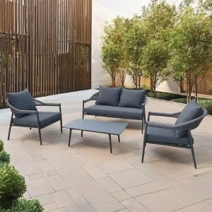 Bộ sofa sân vườn 4 món khung nhôm, dây rope, nệm ghi đậm ngoài trời sang trọng