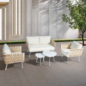 Bộ sofa sân vườn nhôm dây rope màu be trắng, 4 món, nệm kem, ngoài trời sang trọng