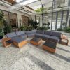 Bộ sofa sân vườn góc L hiện đại, khung gỗ teak, nệm màu ghi, bàn trà mặt đen sang trọng
