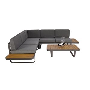Bộ sofa sân vườn góc L khung nhôm, nệm ghi xám, mặt bàn gỗ teak hiện đại