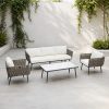 Bộ sofa sân vườn 4 món hiện đại, dây đan rope, nệm trắng, bàn mặt kính vân đá ngoài trời