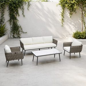 Bộ sofa sân vườn 4 món hiện đại, dây đan rope, nệm trắng, bàn mặt kính vân đá ngoài trời