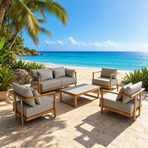 Bộ sofa sân vườn gỗ teak 4 món đặt ngoài bãi biển, nệm màu ghi sang trọng