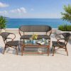 Bộ sofa sân vườn 4 món khung nhôm giả gỗ, dây đan ngoài trời, bàn kính, đặt ngoài trời biển