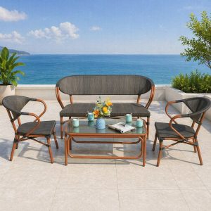Bộ sofa sân vườn 4 món khung nhôm giả gỗ, dây đan ngoài trời, bàn kính, đặt ngoài trời biển