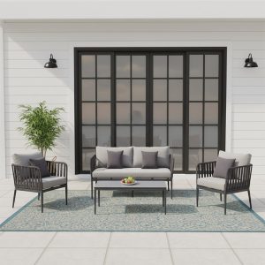 Bộ sofa sân vườn 4 món khung nhôm đan dây rope, nệm ghi xám, đặt ngoài trời sang trọng