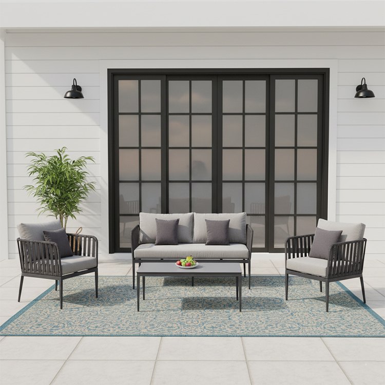Bộ sofa sân vườn 4 món khung nhôm đan dây rope, nệm ghi xám, đặt ngoài trời sang trọng