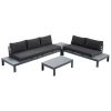 Bộ sofa sân vườn nhôm hiện đại góc L, nệm đen, gồm bàn trà và bàn góc