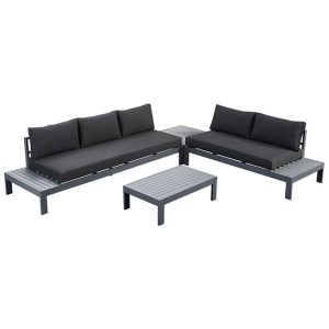 Bộ sofa sân vườn nhôm hiện đại góc L, nệm đen, gồm bàn trà và bàn góc