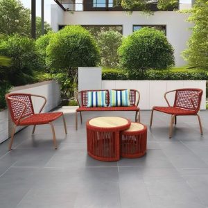 Bộ sofa sân vườn 4 món khung nhôm dây rope đỏ gạch, bàn trà đôi mặt gỗ, đặt ngoài trời hiện đại