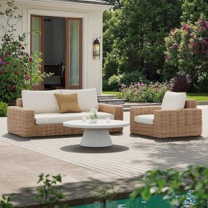 Bộ sofa sân vườn giả mây 4 món, nệm kem, phong cách hiện đại ngoài trời