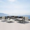 Bộ sofa sân vườn góc L hiện đại, khung nhôm, nệm ghi, đặt ngoài trời view biển sang trọng