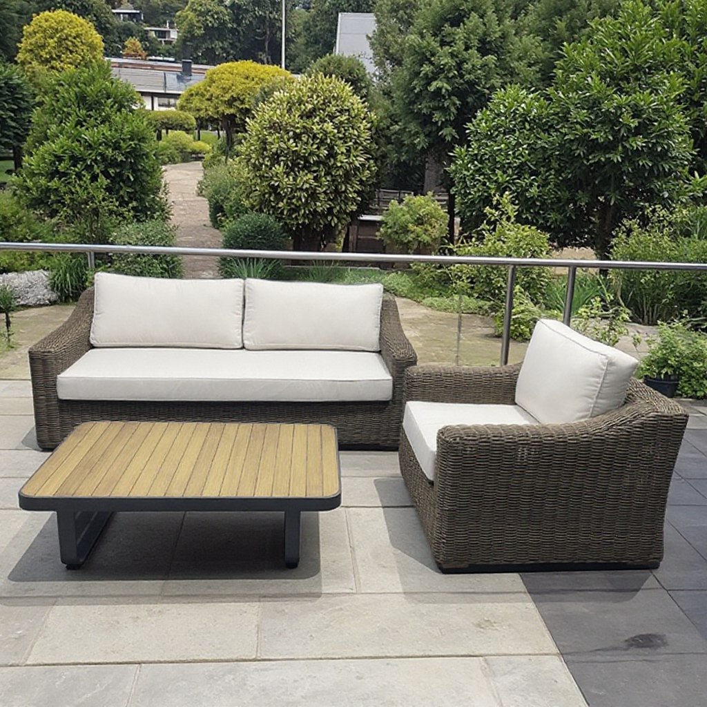 Bộ sofa sân vườn giả mây gồm sofa đôi, ghế đơn và bàn trà mặt gỗ nhựa, phong cách hiện đại ngoài trời
