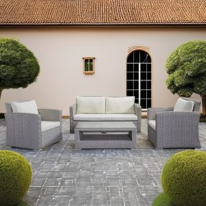 Bộ sofa sân vườn 4 món giả mây màu xám nhạt, nệm kem, đặt ngoài trời sang trọng