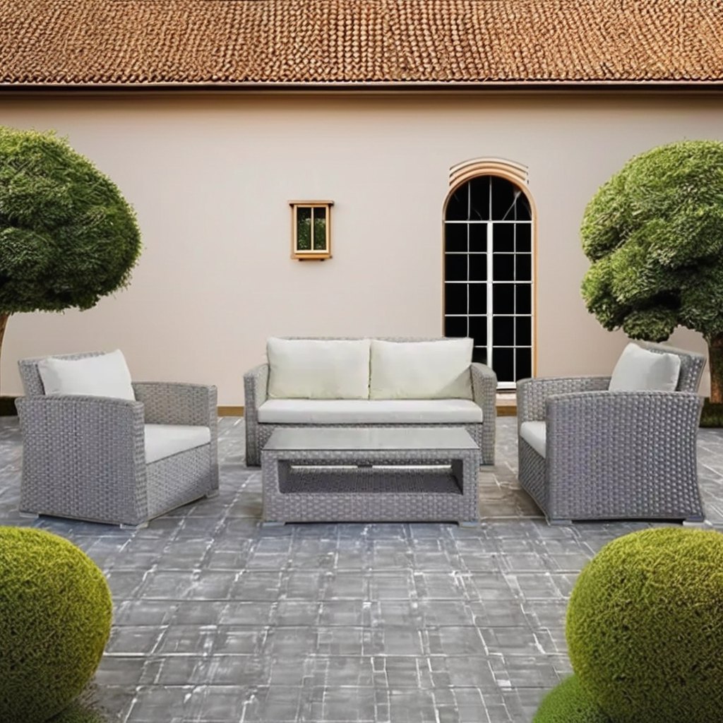 Bộ sofa sân vườn 4 món giả mây màu xám nhạt, nệm kem, đặt ngoài trời sang trọng
