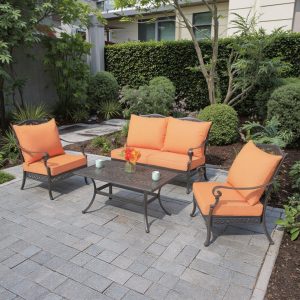 Bộ sofa sân vườn nhôm đúc 4 món nệm cam nổi bật, kê ngoài trời sang trọng