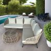 Bộ sofa sân vườn góc L khung kim loại, dây nhựa giả mây, nệm ghi sáng đặt ngoài trời cạnh hồ bơi