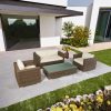 Bộ sofa sân vườn 4 món giả mây khung nhôm, nệm kem, bàn kính ngoài trời