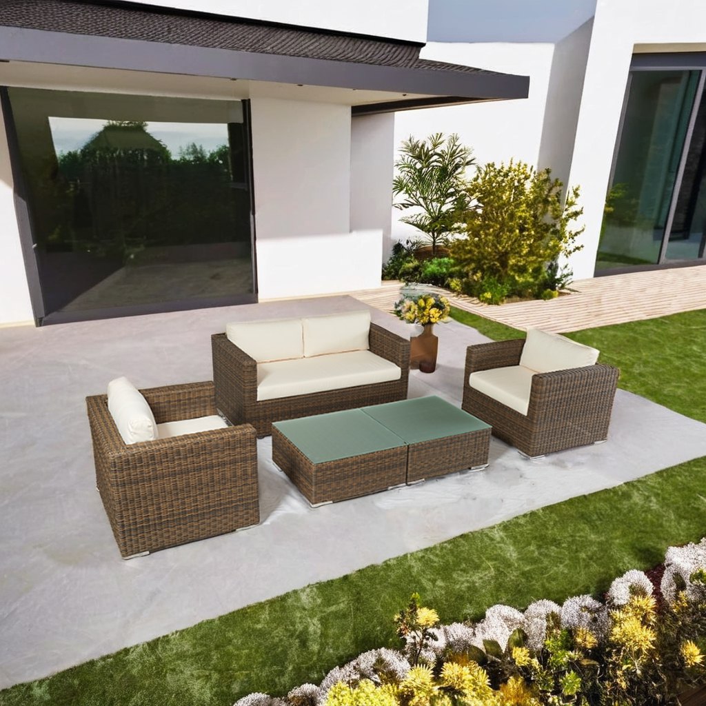 Bộ sofa sân vườn 4 món giả mây khung nhôm, nệm kem, bàn kính ngoài trời