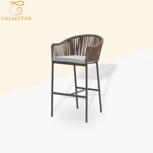 Ghế bar ngoài trời khung nhôm dây rope nâu, nệm ghi sáng hiện đại