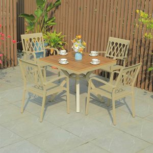 Bộ bàn ghế sân vườn nhôm giả gỗ 4 ghế, phong cách hiện đại, phù hợp ngoài trời