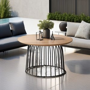 Bàn trà ngoài trời mặt gỗ khung sắt tròn hiện đại, đặt cạnh sofa ngoài trời