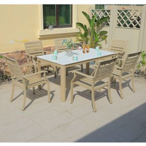 Bộ bàn ghế ngoài trời 6 ghế nhôm sơn tĩnh điện, mặt bàn kính trắng, kiểu dáng hiện đại