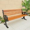 Ghế băng dài ngoài trời nhựa giả gỗ màu nâu vàng, khung sắt đen, phong cách hiện đại.