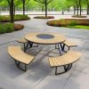 Bộ bàn ghế picnic ngoài trời tròn liền khối, khung thép sơn tĩnh điện, mặt gỗ, phù hợp công viên, sân vườn