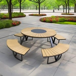 Bộ bàn ghế picnic ngoài trời tròn liền khối, khung thép sơn tĩnh điện, mặt gỗ, phù hợp công viên, sân vườn